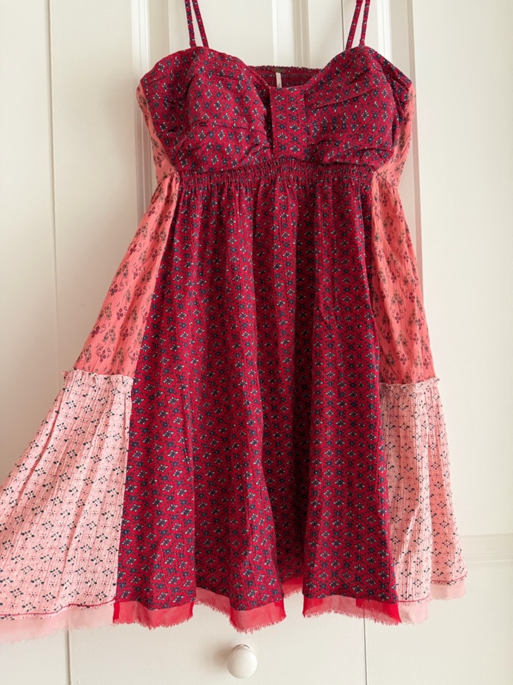Free People Patchwork Boho Mini Dress Red Pink Flowy Small - Picture 2 of 4